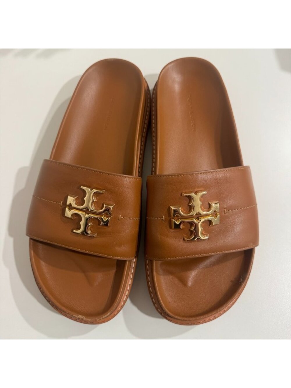 Tory Burch Everly Slide Sandals Brown Leather Gold Logo Size 9
